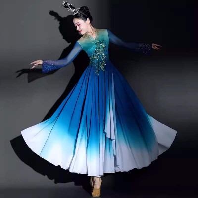 Blue chinese folk Classical dance costumes  for women girls ancient traditional fairy hanfu princess art test big swing skirt Han Tang fan dance dresses